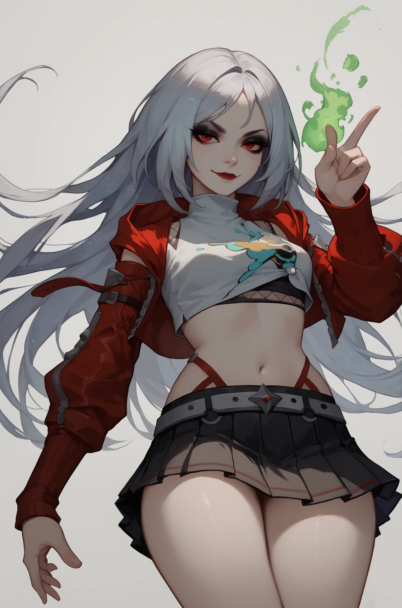 score_9, score_8_up, score_7_up, 1girl, pale skin, goth girl, seductive look, eyeliner, eyeshadow, red eyes, red lips, closed mouth, smirk, silver hair, long hair, straight hair, crop leather jacket, crop top, pleated skirt, black skirt, wide hips, thighs, green magic, translucent, ethereal, front view, simple background, (Vixons Style)