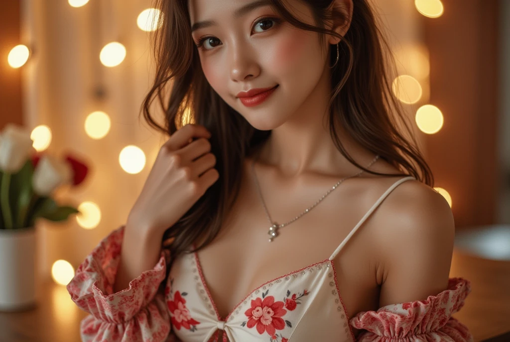 a beautiful young woman ((K-Pop singer Kim Gyu-mi (Sena), age 25), wearing an airy sheer Christmas night gown (shoulders exposed, open and untied down the middle, pubic hair shaved like a little heart) , nude except for night gown, her intimate areas partially exposed and very detailed), she is lying on her back on a bed decorated with Christmas silk sheets and is playing with a fluffy kitten while flirting with the viewer, Christmas lights have been hung along the edges of the ceiling , Christmas scene (best quality, 4k, 8k, highres, masterpiece:1.2), ultra-detailed, (realistic, photorealistic, photo-realistic:1.37), HDR, UHD, studio lighting, ultra-fine painting, sharp focus, physically-based rendering, extreme detail description, professional, vivid colors, bokeh, portrait, figurative, intimate, sensual, cozy, Christmas, warm lighting, chiaroscuro ( Along the top edge of the picture 'DO YOU TRUST ME' has been printed in Korean, and 'Girl Crush' is written over it in italics with neon pink ink. (show her entire body, show all of her)