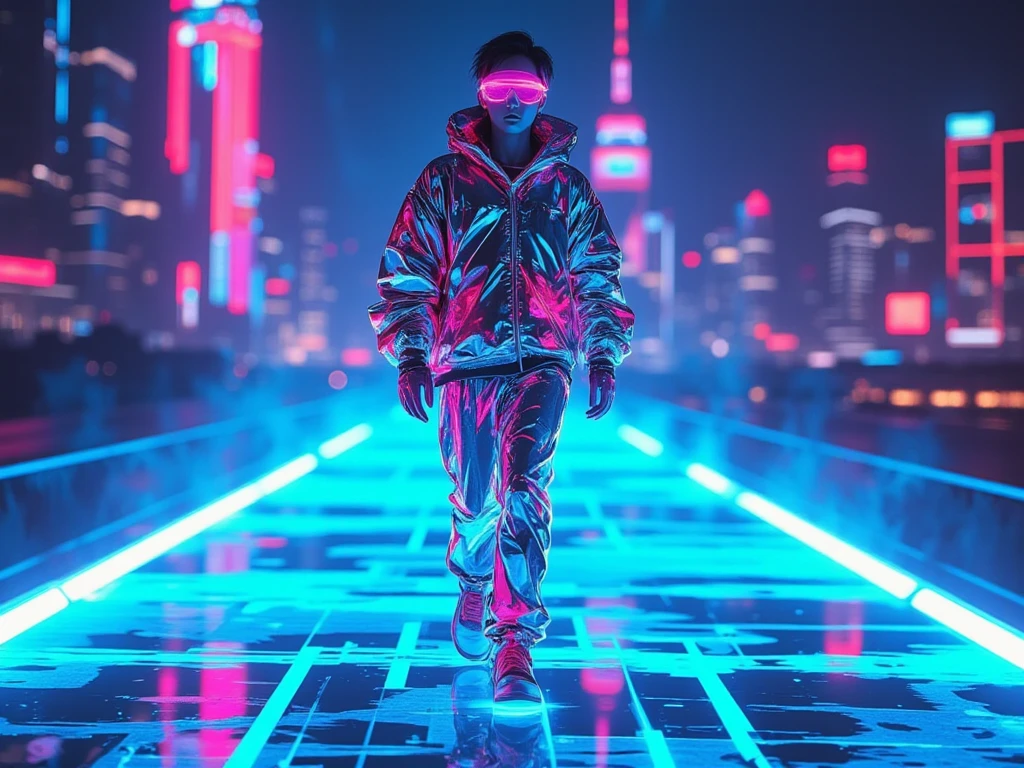 (masterpiece, best quality, ultra-detailed, futuristic fashion editorial), full-body portrait of a cyberpunk model walking on a glowing runway in the year 3025, wearing avant-garde streetwear inspired by 2026 trends — oversized metallic jacket with reactive LED seams, translucent high-waisted pants with built-in smart fabrics, augmented reality visor displaying shifting colors, glowing tattoos, floating accessories orbiting the body, chrome sneakers with maglev soles, fusion of techwear and luxury fashion, cybernetic limbs used as high-end style statements, vibrant neon palette (electric blue, magenta, silver), sci-fi city skyline blurred in the background, cinematic lighting, soft shadows, editorial pose, hyper-modern aesthetics, fashion meets technology, Y2K-meets-Blade Runner vibe, energetic, confident, stunning