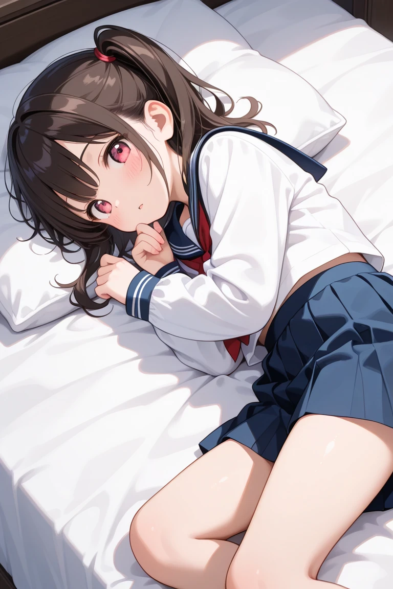 (masutepiece), Best Quality, High resolution, Highly detailed, Detailed background, Perfect Lighting, Indoor, 1girl, brown hair, closed eyes, sleeping, (sleeping:1.2), sleeping on bed, (bed:1.1), wearing pajamas, wearing red backpack, (backpack:1.1)