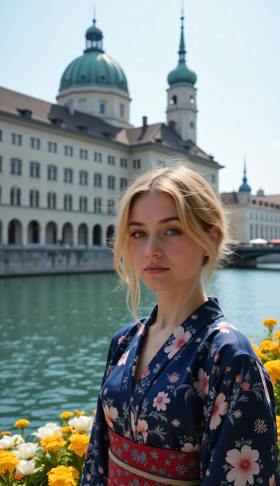 What I'm imagining is、What I'm imagining is、Zurich cityscape、Impression of a government building in the center of the city、Riverside、Blonde 20-year-old woman in a dark blue floral kimono、Face Details、(full body high resolution photo)、A spectacular and dramatic style、Flower bed in front of the bank、Gentle seven-colored flowers、Premium quality environment、Spectacular architectural view、Sturdy buildings take center stage。