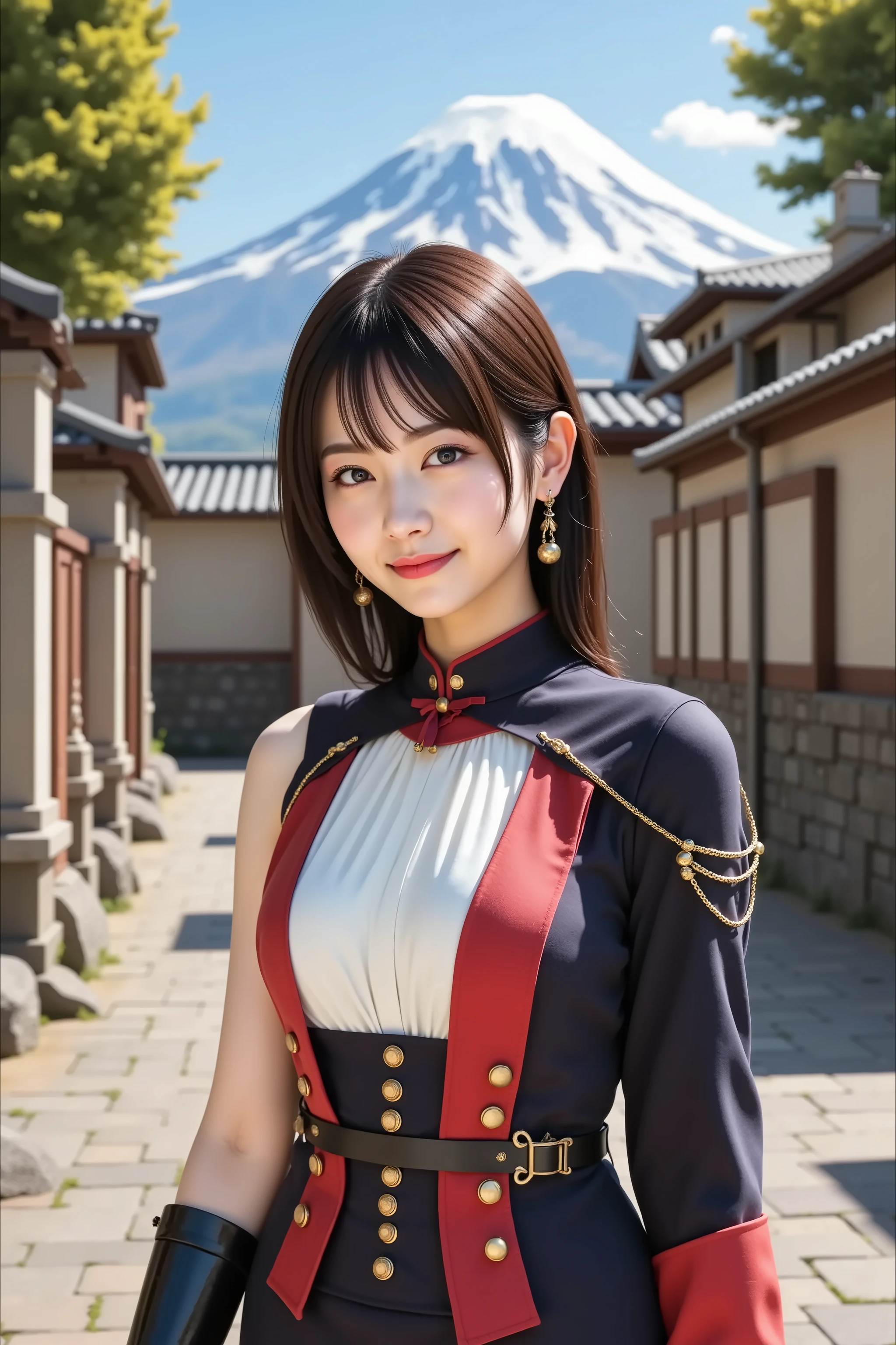 misaki, huge breast, by adjusting the framing so the subject's full head is visible within the composition, with the crop showing only from just above the bust to slightly above the top of the head. a highly detailed and realistic digital illustration of a female character in a stylized military-inspired fantasy outfit, standing in an outdoor courtyard with mountains and traditional architecture in the background, by adjusting the framing so the subject's full head is visible within the composition, with the crop showing only from just below the shoulders to slightly above the top of the head. Ensure there is a comfortable amount of background space above the head to establish spatial context. She is wearing a striking combination of black, red, and white garments that merge structured uniform elements with decorative fantasy flair.
The outfit combines formal structure with fantasy elements. The fitted black and red bodice features sharp lines, gold button accents, and diagonal cuts that shape the torso. A vertical white shirt panel beneath the jacket is neatly pleated and contrasts with the darker outer layers. The jacket has shoulder flaps, gold cord details, and a high collar with a small metal clasp at the throat.
Her arms are adorned with asymmetrical accessories: one side has a long black glove that reaches past the elbow, while the other features a red sleeve tied with a bow and held in place by a thin gold chain. A wide black belt with a brass buckle cinches her waist, contributing to the tailored look.
In the background, a stone-paved courtyard extends outward, surrounded by buildings with dark tiled roofs. To the side, stone steps ascend between trees and rocks. In the distance, a tall snow-capped mountain rises above the treeline under a clear blue sky. Green trees provide shade, and warm sunlight casts soft shadows over the path and walls.
The composition emphasizes the balance between strong fashion design and the calm, natural elegance of the outdo