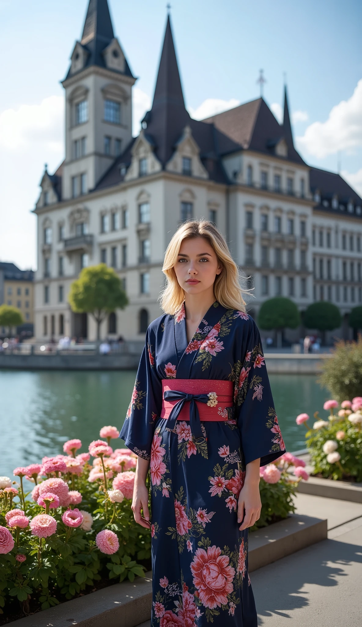 What I'm imagining is、What I'm imagining is、Zurich cityscape、Impression of a government building in the center of the city、Riverside、Blonde 20-year-old woman in a dark blue floral kimono、Face Details、(full body high resolution photo)、A spectacular and dramatic style、Flower bed in front of the bank、Gentle seven-colored flowers、Premium quality environment、Spectacular architectural view、Sturdy buildings take center stage。