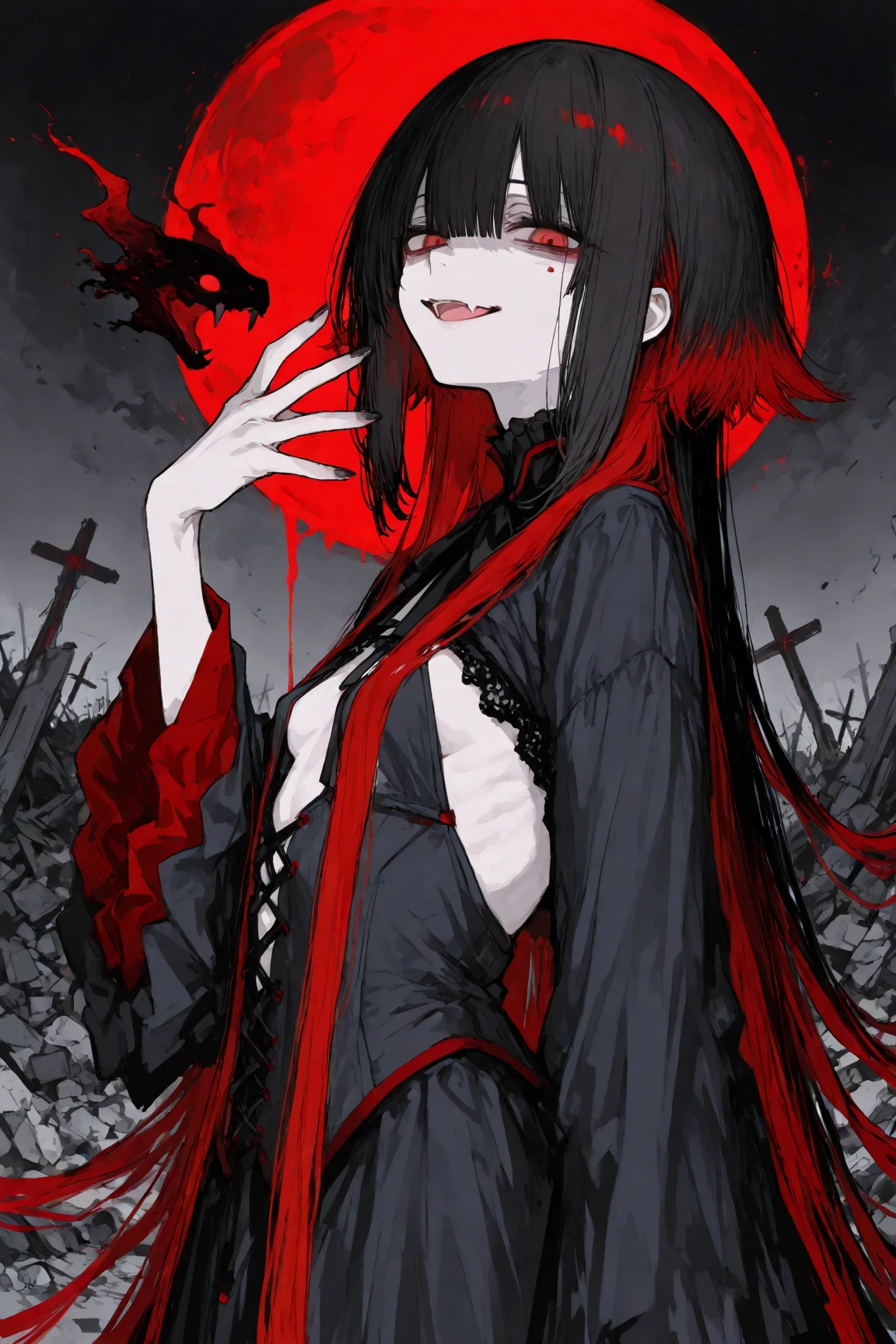 (8K, RAW Photos, Highest quality, masterpiece:1.2),(Realistic, photo-Realistic),Photo Background,Face-only photo,Draw only the face,Look up,Face shot,Scythe Face,Girl Monster, slave,beautiful, Detailed portrait, Delicate facial features, Sharp Eye, Sharp Fangs, Pale skin, Thick chain, Dark Background, Cinema Lighting, Dramatic Shadows, Gothic style, Gloomy atmosphere, Dark fantasy, One Girl, , Please open your mouth wide, Open your mouth and baring your teeth,Sharp teeth like a beast, Wide lips, very wide mouth, Vermilion cheeks, ,(Blood splatter:1.6),Scary face, Laughter Witch design, Twisted smile、Bloodstained、bleeding from the head,,、Blood splatter、,(Blood splatter:1.6),Crossbones, skull, , Horror Style,