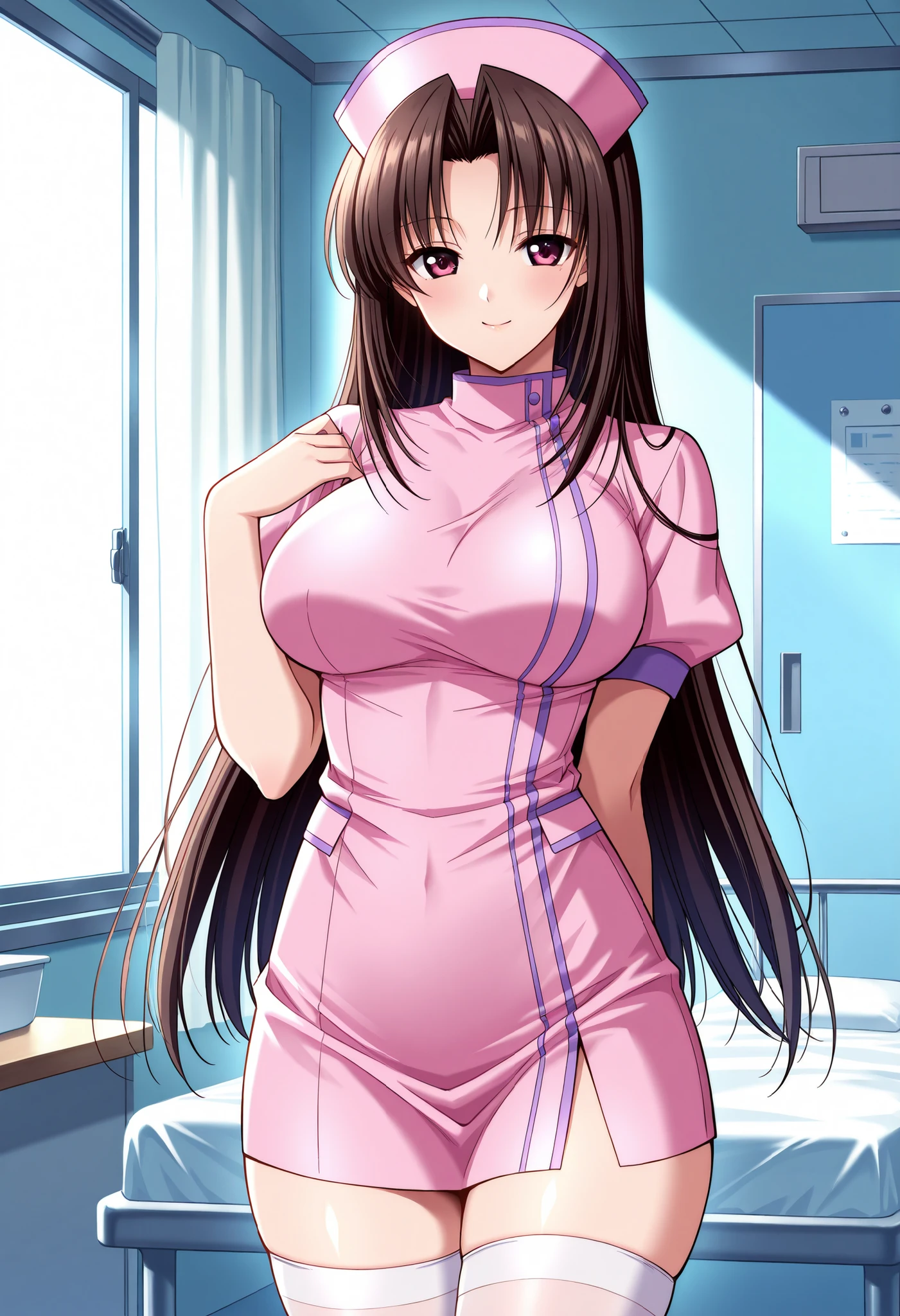 Score_9, score_8_up, score_7_up, source_anime, shirakawa ryouko, solo, brown hair, long hair, parted bangs, hair intakes, red eyes, purple eyes, large breasts, (best quality), (high quality), {masterpiece}, extremely delicate and beautiful, ultra-detailed, beautiful detailed eyes, nurse, nurse cap, hat, pink headwear, white thighhighs, hospital room, smile, closed mouth, standing