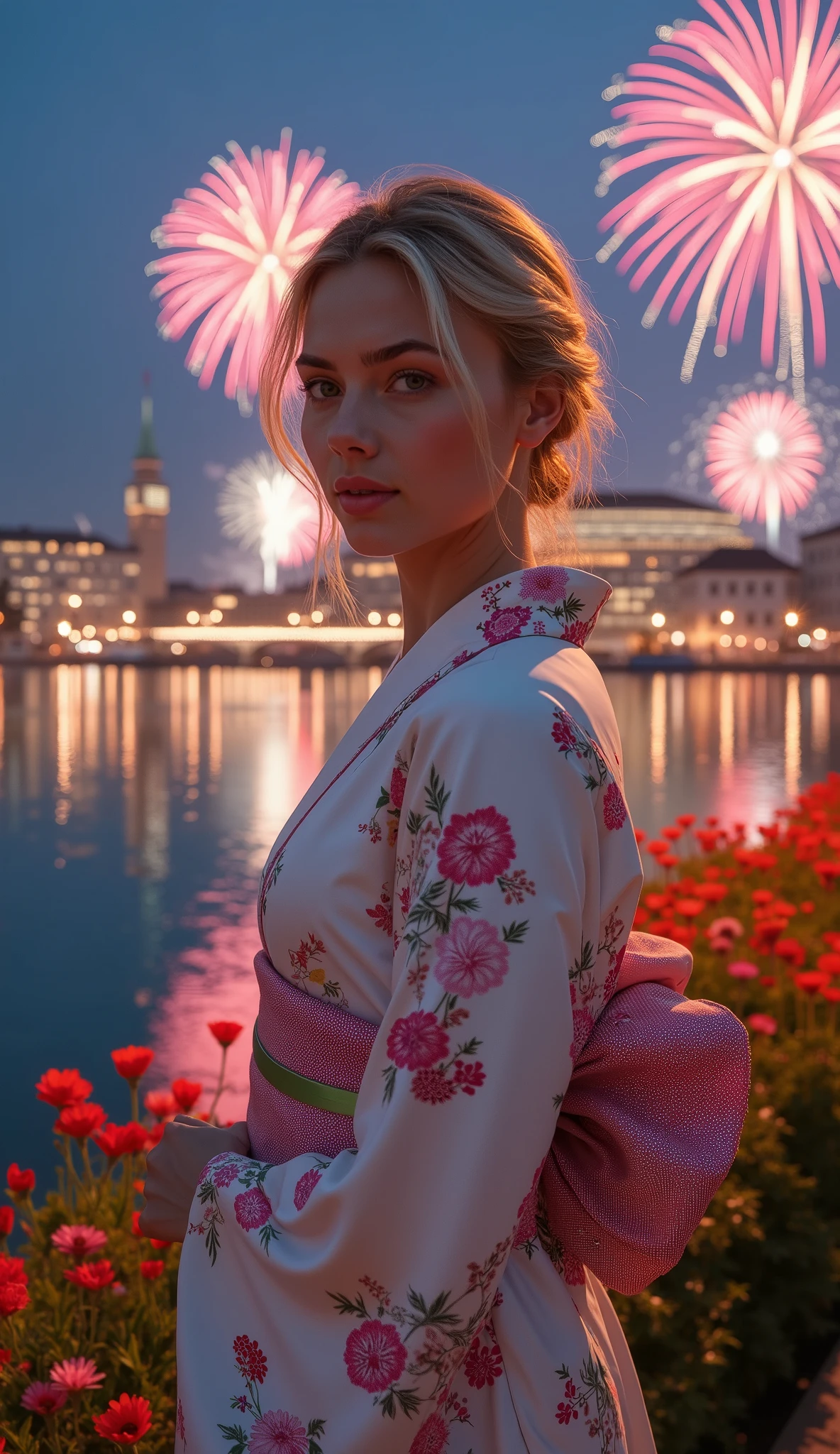 What I'm imagining is、What I'm imagining is、Zurich cityscape、Impression of a government building in the center of the city、Riverside、Fireworks Night、Blonde 20-year-old woman in a white floral kimono、 facial details 、(full body high resolution photo)、Spectacular and dramatic style、Flower bed in front of the bank、Gentle seven-colored flowers、Premium quality environment、Spectacular architectural views、Sturdy buildings take center stage。