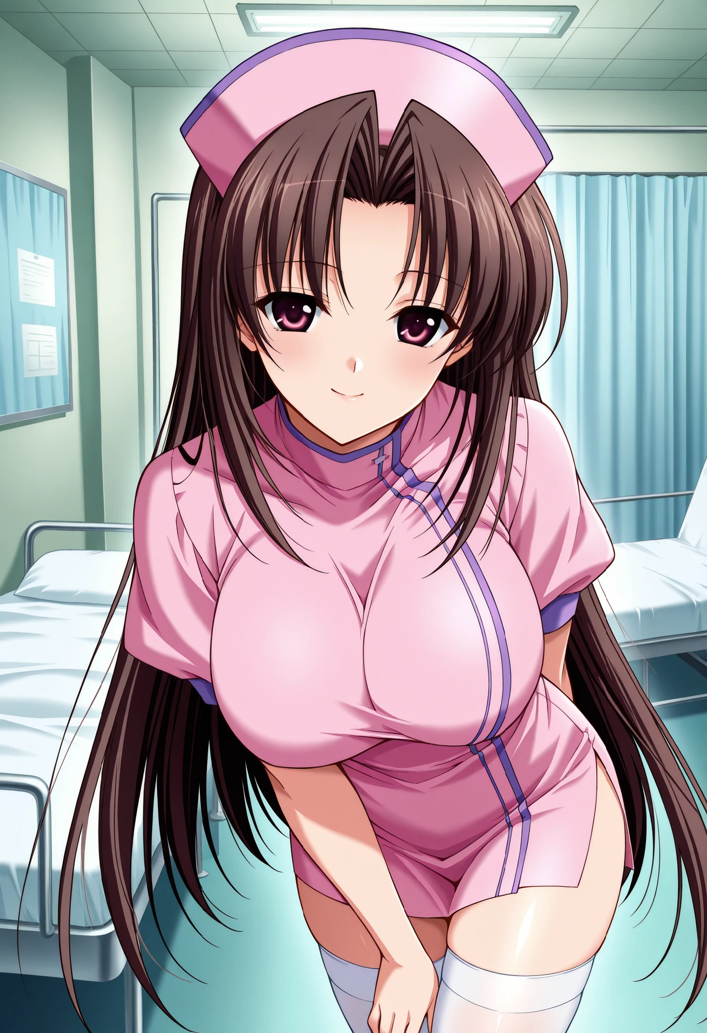 Score_9, score_8_up, score_7_up, source_anime, shirakawa ryouko, solo, brown hair, long hair, parted bangs, hair intakes, red eyes, purple eyes, large breasts, (best quality), (high quality), {masterpiece}, extremely delicate and beautiful, ultra-detailed, beautiful detailed eyes, nurse, nurse cap, hat, pink headwear, white thighhighs, hospital room, smile, closed mouth, standing