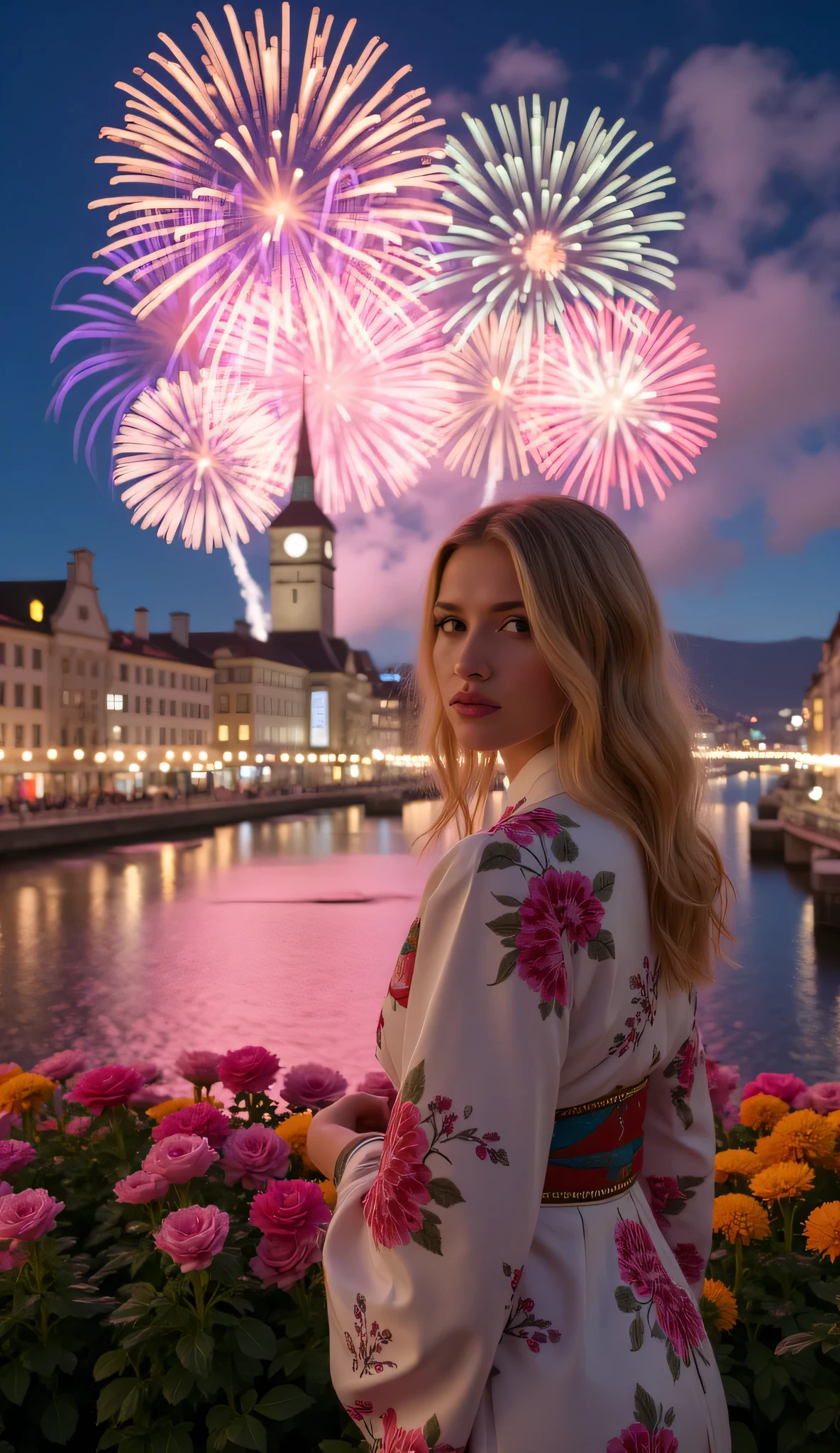 What I'm imagining is、What I'm imagining is、Zurich cityscape、Impression of a government building in the center of the city、Riverside、Fireworks Night、Blonde 20-year-old woman in a white floral kimono、 facial details 、(full body high resolution photo)、Spectacular and dramatic style、Flower bed in front of the bank、Gentle seven-colored flowers、Premium quality environment、Spectacular architectural views、Sturdy buildings take center stage。