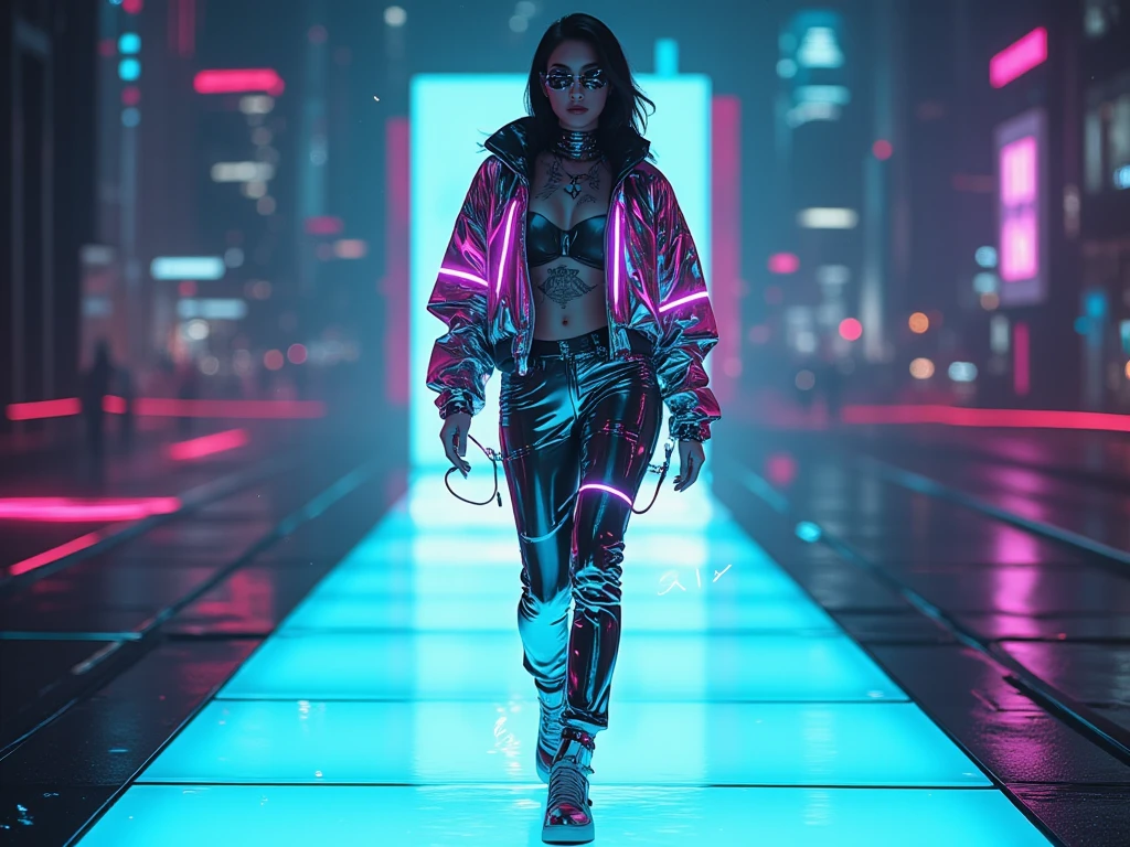 (masterpiece, best quality, ultra-detailed, futuristic fashion editorial), full-body portrait of a cyberpunk model walking on a glowing runway in the year 3025, wearing avant-garde streetwear inspired by 2026 trends — oversized metallic jacket with reactive LED seams, translucent high-waisted pants with built-in smart fabrics, augmented reality visor displaying shifting colors, glowing tattoos, floating accessories orbiting the body, chrome sneakers with maglev soles, fusion of techwear and luxury fashion, cybernetic limbs used as high-end style statements, vibrant neon palette (electric blue, magenta, silver), sci-fi city skyline blurred in the background, cinematic lighting, soft shadows, editorial pose, hyper-modern aesthetics, fashion meets technology, Y2K-meets-Blade Runner vibe, energetic, confident, stunning