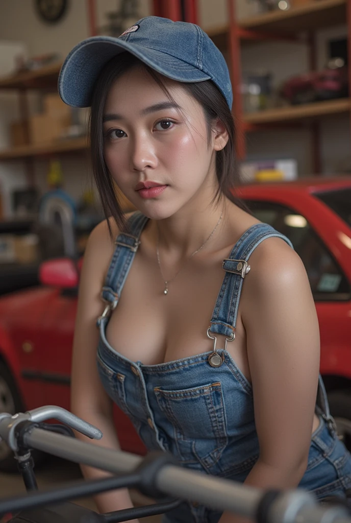 
"Create an image of a doll with the profession of mechanic. The doll must be wearing typical mechanic work overalls, with grease stains, and must be giving a thumbs up with one hand. Facial expression should be friendly and confident."
