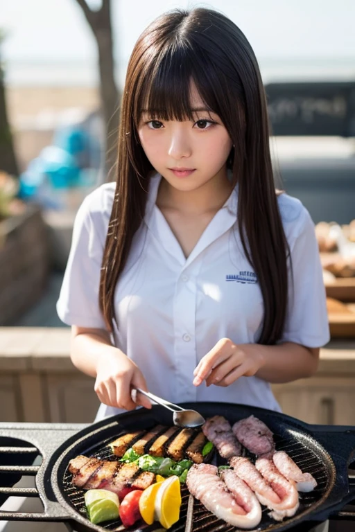 ((squatting Asian staff grilling squid skewers at alley)), ((smiling, wear a thin short apron with various patterned and colored, unbuttoned shirt, sweat, looking at me to seduce, slut)), small breasts, (hiding her beautiful nipples with Asian traditional apron), (food festival at night, customers, place many people pass), ((spread legs to service to show off her pubic)), close up her lower body, braid, (((tour magazine's cover, large title, many heading)))