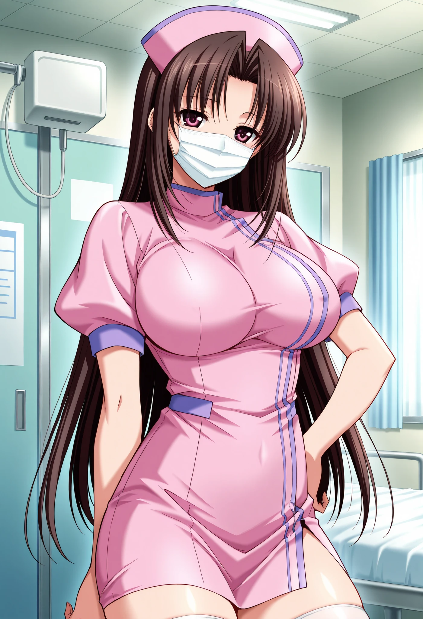 Score_9, score_8_up, score_7_up, source_anime, shirakawa ryouko, solo, brown hair, long hair, parted bangs, hair intakes, red eyes, purple eyes, large breasts, (best quality), (high quality), {masterpiece}, extremely delicate and beautiful, ultra-detailed, beautiful detailed eyes, nurse, nurse cap, hat, pink headwear, white thighhighs, hospital room, ((white mask, mouth mask, covered nose)), standing