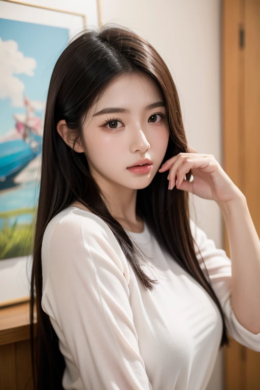 a girl with t-shirt and short, ((detailed)), school background, medium breasts, flirtatious, medium long hair, ((very detailed)), perfectly detailed face, detailed hand, photorealistic image.