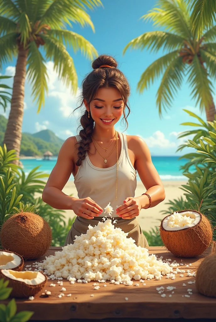 Asian beautiful woman,((full body sho))t,from head to toe,with a very big hair bun, the size of her bun is 10 times the size of her head,very big very big hair bun traditional Javanese hair bun,circle bun,shiny black hair,using a hairpin,wearing traditional Indonesian kebaya,very big chest ,both hands holding a bun,beach atmosphere,laugh