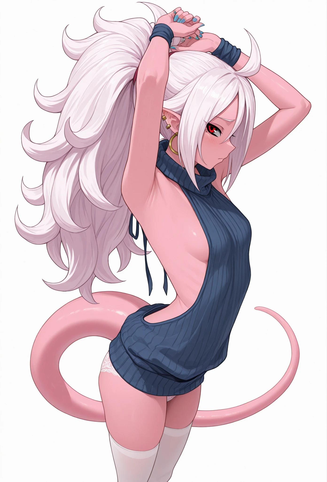 (Alone) Lamia female den, long and blond hair, Lamia, big breasts, attractive, teacher attire, shaped body, lamia glue, spider eyes, Thick, parts, parts on face, cocky eyes, (happy expression , moan with mouth open and tongue out), she is standing, look to the right, violet background, simple background, Muslos Thicks (Dark skin, Ebony, deep Ebony) (side view)