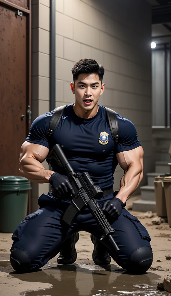 Arav man in camouflage clothing holds a gun and a gun in his hands, Asian men, Korean male, Perfect military calm, lean but muscular, Korean muscular man 2 1 years old, Cai Xukun, Have abdominal muscles, [ Strictly defined abs ]!!, yanjun chengt, Rugged Soldier, torn, inspired by Kim Hwan-gi