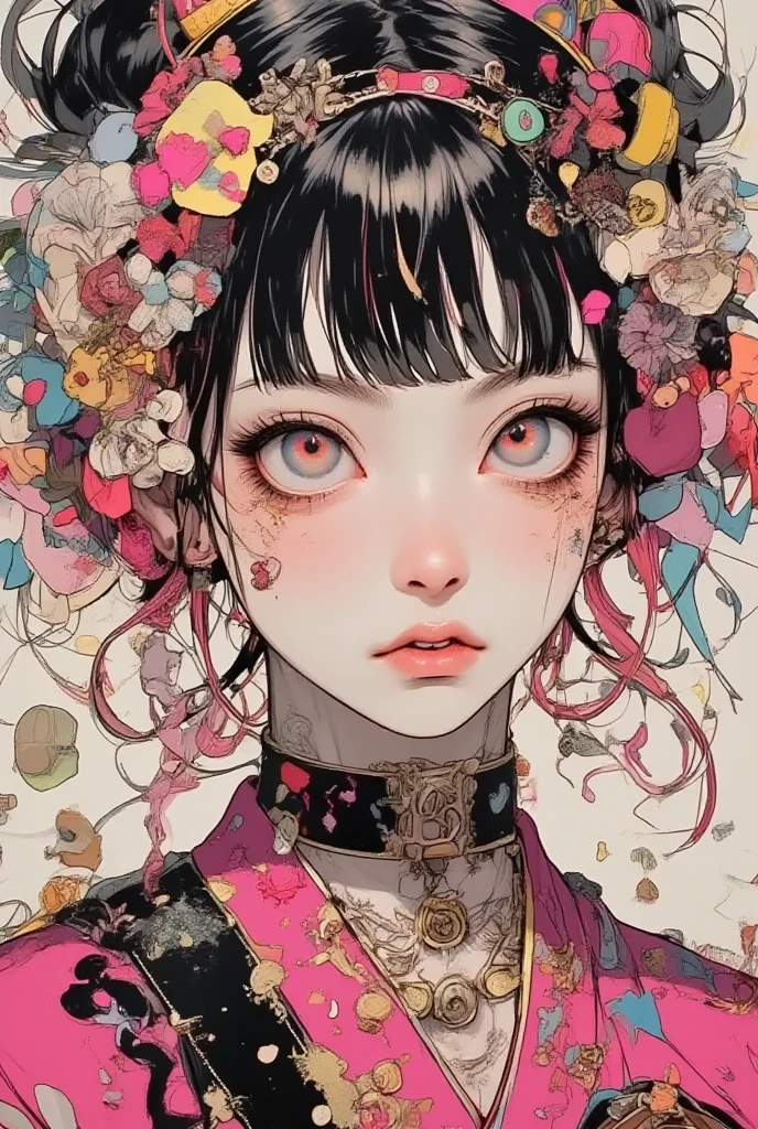 (by Yuko Higuchi:1.4)，Higuchi Yuko, (by Yoh:1.2), (masterpiece, best quality, offcial art,Beauty and aesthetics:1.2), (ultra-detailed), finely detail, best illustration, hand drawn high quality,(High contrast), (clean lines:1.3),(lineart), line drawing, (Intricate lines), ligne claire,fractal art,pen drawing,ukiyo-e style,(portrait,above the chest,extremely close-up:1.1), goth girl, little girl, (she is surrounded by dead trees:1.1), big eyes, (wavy air), Wraparound composition, flat chest, mysterious night, (Intricate details),(detailed background:1.2),(colorful), High Resolution, synthwave, glamorous, hard rock, glam metal,