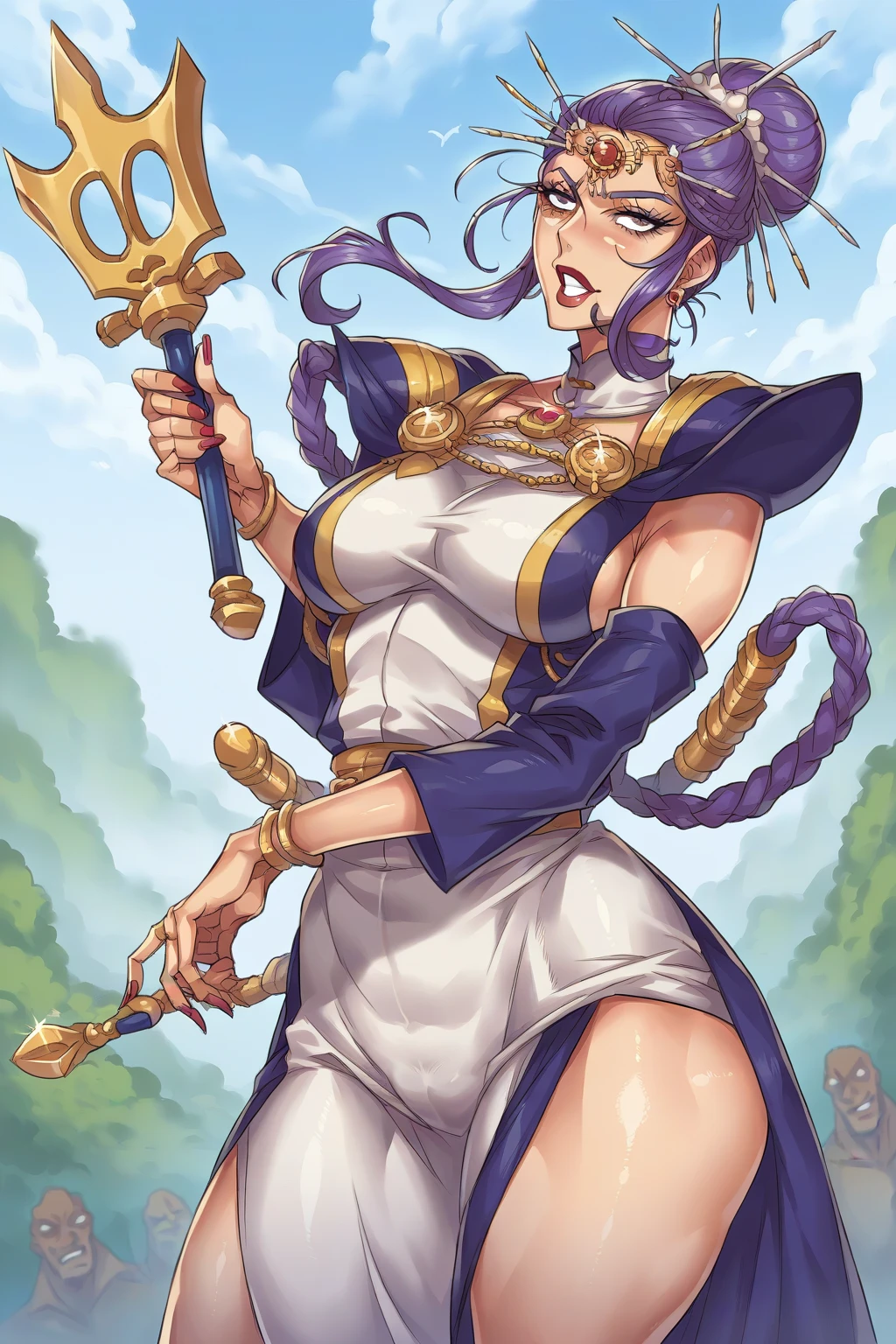 "(masterpiece:1.1), best quality,
1girl, (80s anime style:1.4), (eyelashes:1.5),
(intricate high detailed body:1.2),
purple hair,
(forehead:1.2), (long hair:1.1), (witch hat:1.2),
blue eyes, (red lip stick, detailed pupils:1.1),
(slim body:1.2), (gigantic breasts:1.1),
happy, smile, open mouth,
(string leotard armor, corset:1.2), (garter belt:1.2),
(knight armor, armored boots:1.2), (belts:1.1), (hoop earrings:1.1), neckwear,
standing, crossed arms,
(cowboy shot:1.1),
(simple white background:1.2)"