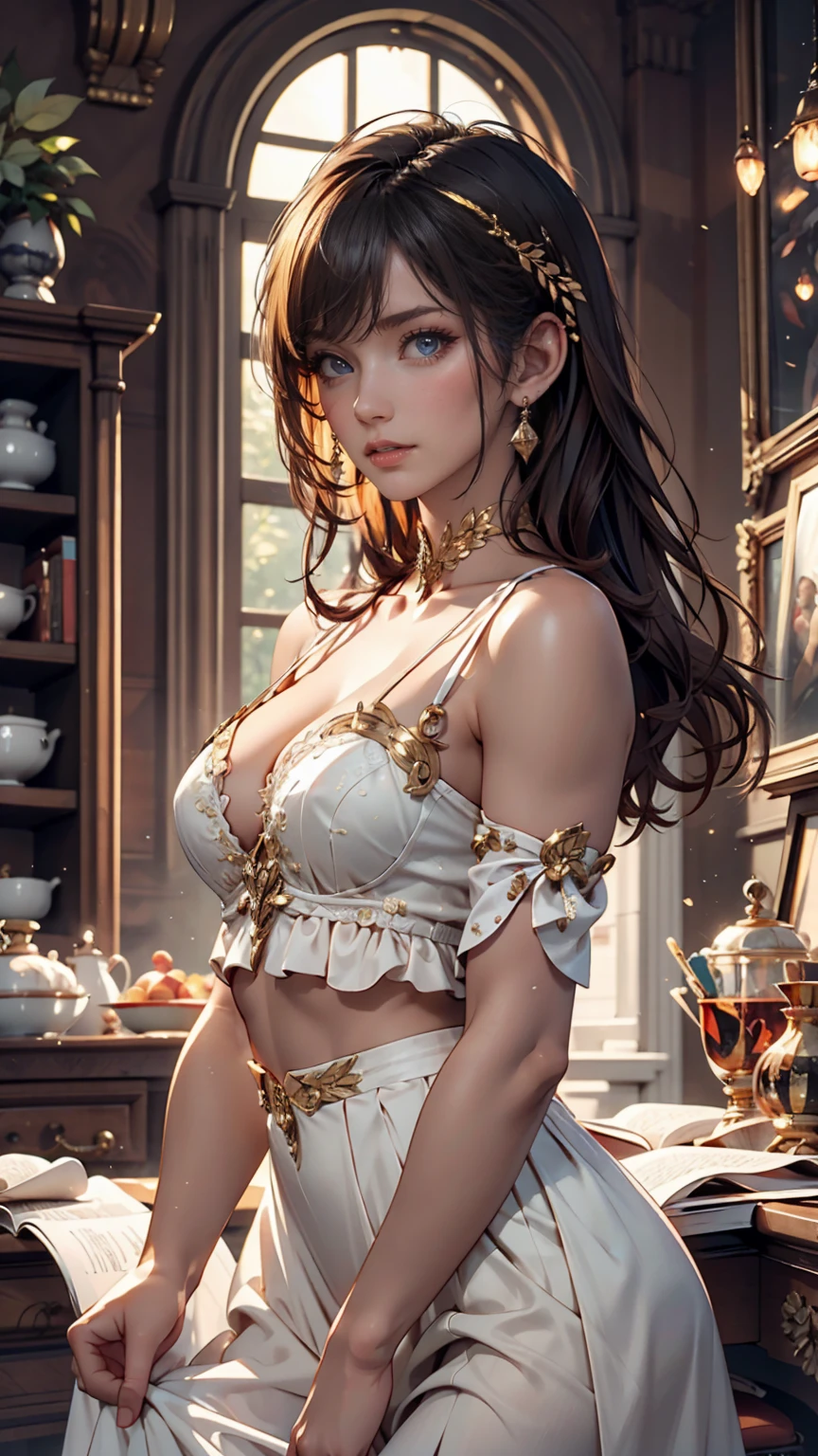 24-year-old female、Sexy proportions、Sexy、Narrow waist、Headpiece((hair ornament))、Cinematic light effects、Sparkle Effect((cinematic lighting, sparkle, 8K))、Anatomically correct((anatomically correct))、Ultra high definition((uhd))、Textured skin((textured skin))、Very detailed((super detail))、High detail((high details))、Off-the-shoulder one-strap top、Messy room、Sit on the sofa、Holding a guitar