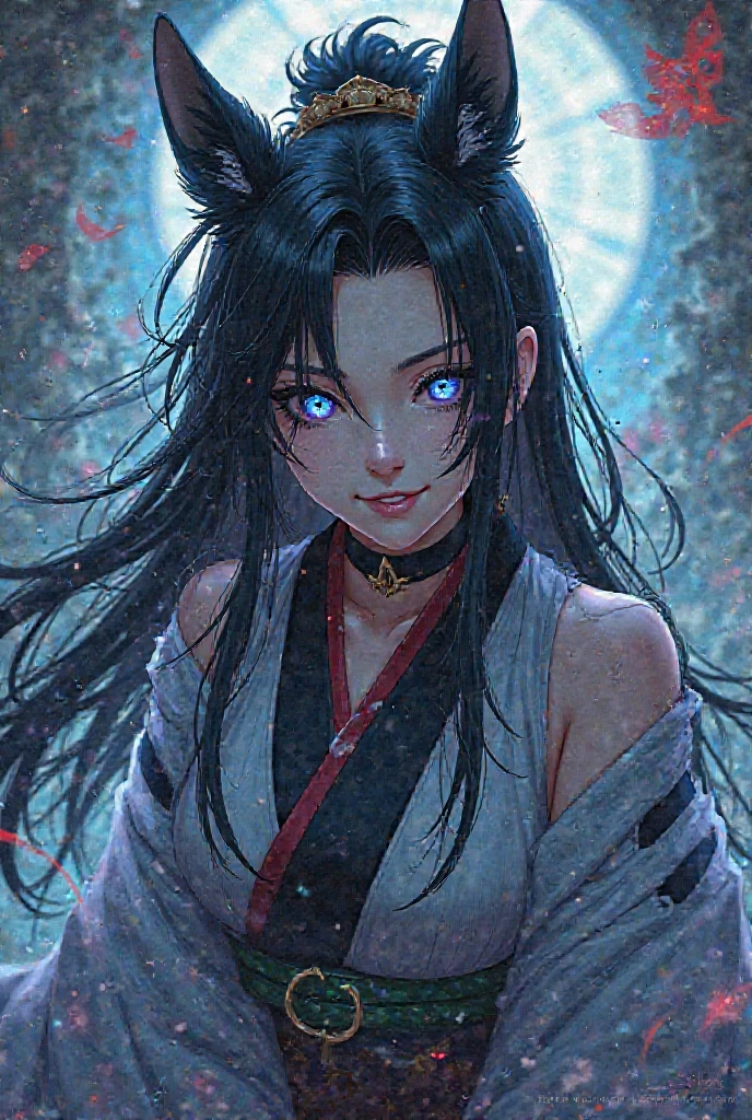 (masterpiece,best_quality,ultra-detailed,immaculate:1.3),epic,illustration,elf sci-fi,spy lord villainess,silk,kimono,body tattoos,vivid azure hair,Wavy Lob,long hair,japanese,small breasts,slimathletic figure,rainy night,simple background, <lora:Dark_style_art:1>