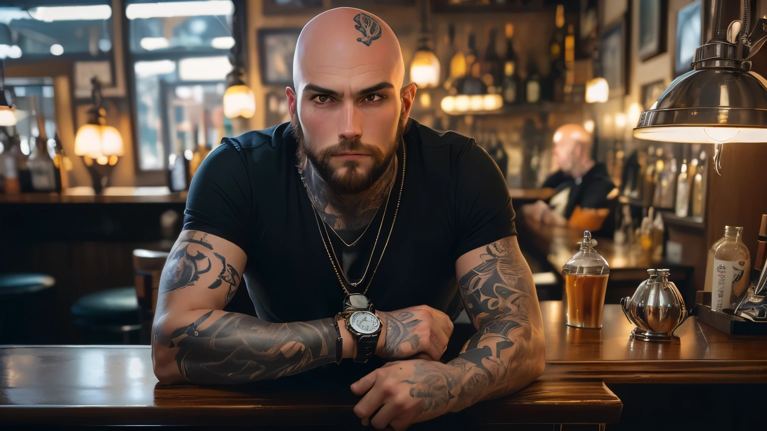 GENERATE IMAGE/Photo, Ultrarealistic, 1792x1024:

a heavily tattooed and pierced barber in an empty luxury barber shop room, Very charismatic, externally interesting, 190 cm tall, 49 years old, Russian

Style:
modern and atmospheric, with an emphasis on detail. The main focus is on the expressiveness of the character and the luxurious setting of the barber shop.

angle:  
angle выбран так, to show the barber in a close-up from the waist up. This allows you to focus on his charismatic image, tattoos and piercings. The barber occupies the central place in the frame, leaning slightly towards the camera, which creates an effect of intimacy and engagement of the viewer. The background shows the perspective of the barber shop space, fading into the distance, which adds depth to the image.

Color palette:  
Color palette выдержана в теплых, in rich colors. Dark and rich colors predominate: deep brown and black interior hues, golden yellow and soft warm light accents, illuminating tattoos and details of the room. The barber's skin tone is natural, but somewhat enhanced for contrast with his dark tattoos and clothing. tattoos, In turn,, stand out in bright colors, including dark blue, red and green hues, which emphasizes their complexity and attention to detail. 

Lighting:  
Lighting в кадре мягкое, with an emphasis on the barber's face and his tattoos. Light comes from above and slightly to the side, creating pleasant shadows, which emphasize the texture of the skin, tattoos and piercings. The rest of the barber shop space is more dimly lit, so as not to distract attention from the main character.