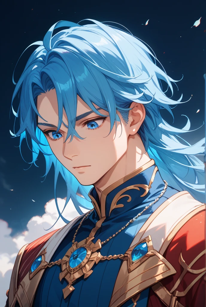 Anime man+light blue skin+ medieval scenery+golden eyes --auto --s2