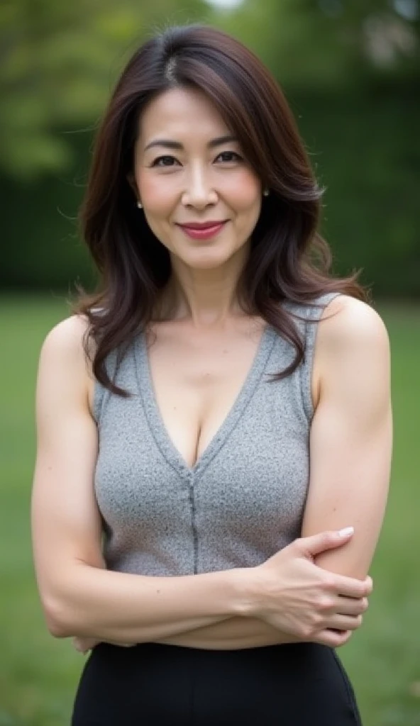 RAW, Best quality, high resolution, Masterpiece: 1.3, Beautiful brunette. Best quality, high resolution. Realistic, detailed and complete body. there is a woman standing in front of a bush with flowers, portrait of a woman in her 40s, she is wearing a black blouse, portrait image, profile image, robust adult woman portrait, female portrait with flower, back photo, 8k. She is around 45 years old, a woman in good physical condition. Masterpiece, best quality, (best quality), realistic lighting, 8k.