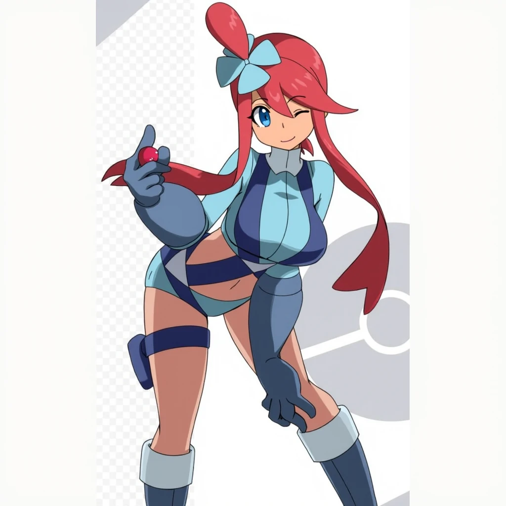 FostersStyle, red hair,slutty outfit, seductive, abstract background, looking at viewer, slutty , , slutty pose, seductive expression, standing, black eyes, sfw, massive tits, massive ass, looking at viewer, pokemonskyla, blue eyes, hair ornament, one side up, red hair, short hair with long locks, sidelocks, blue footwear, blue gloves, blue jacket, blue shorts, boots, crop top, cropped jacket, gloves, jacket, midriff, navel, short shorts, shorts, thigh pouch
