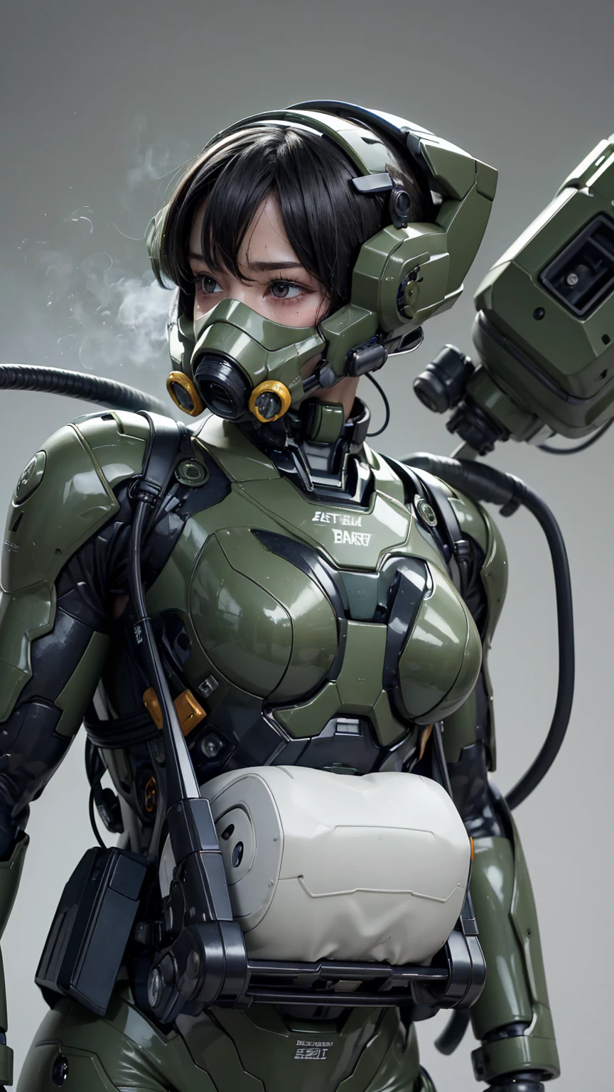 最high quality非常に詳細, Advanced Details, high quality, 最high quality, High resolution, 1080P, hard disk, beautiful,(War Machine),(Snug-fitting headgear),See the big picture,beautifulサイボーグ女性,Dark Green Mecha Cyborg Girl,BATTLE MODE,Mecha Body Girl 8k dark green body armor Elementary school girl Sweaty face Droopy eyes short hair Gas mask with extension nozzle boyish ((Steam coming out of my head)) My hair is wet with sweat Black Hair, Steam coming out of the mouth Lying in bed The skin under the face is not exposed
