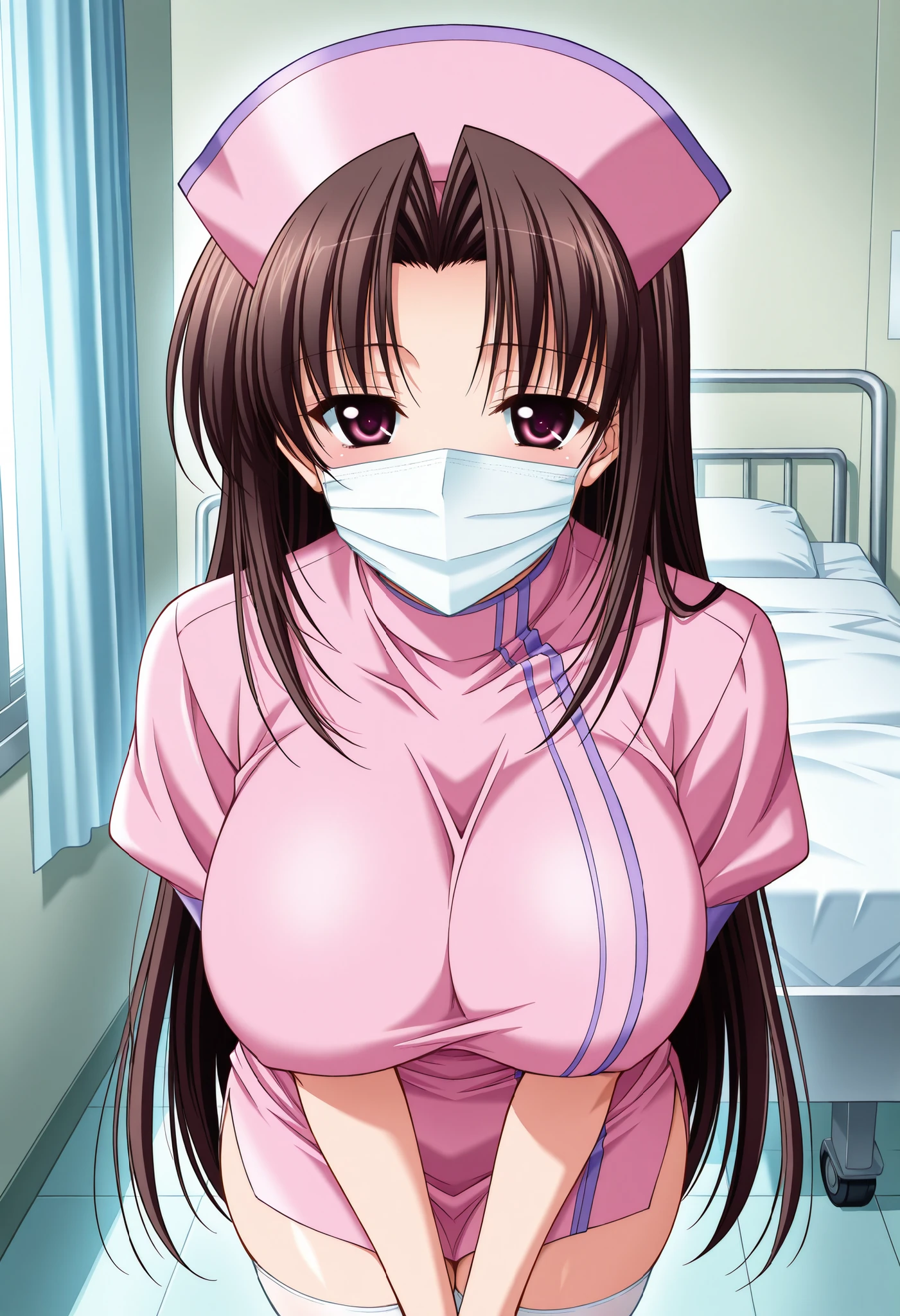 Score_9, score_8_up, score_7_up, source_anime, shirakawa ryouko, solo, brown hair, long hair, parted bangs, hair intakes, red eyes, purple eyes, large breasts, (best quality), (high quality), {masterpiece}, extremely delicate and beautiful, ultra-detailed, beautiful detailed eyes, nurse, nurse cap, hat, pink headwear, white thighhighs, hospital room, ((white mask, mouth mask, covered nose)), standing