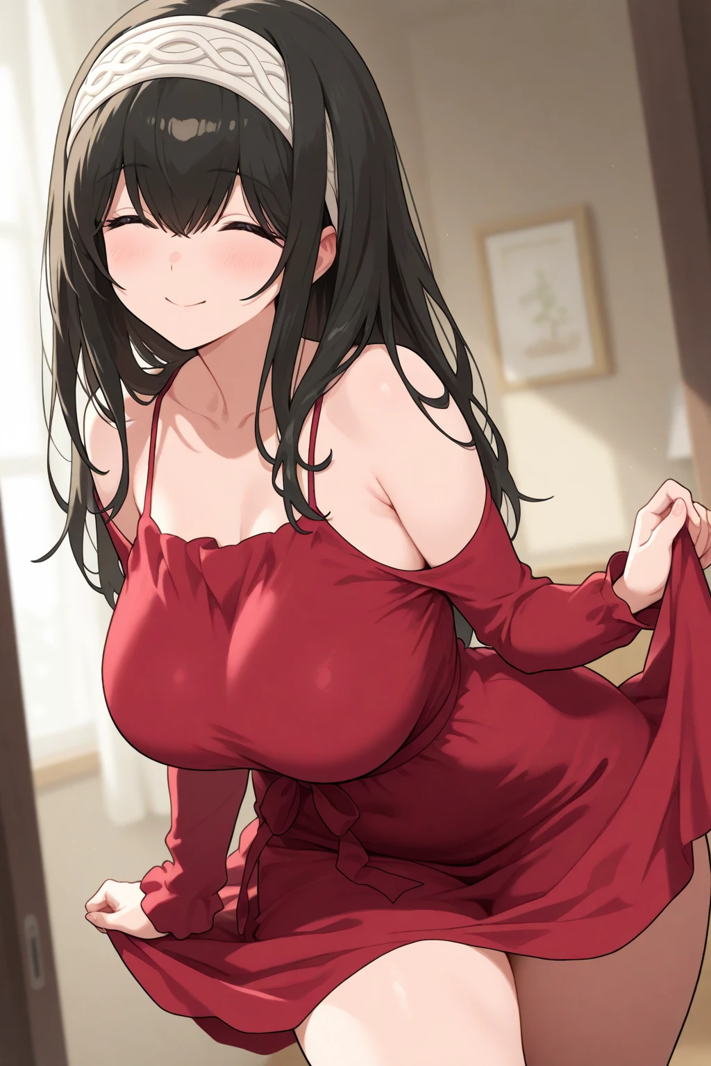shinkai makoto, kimi no na wa., 1girl, bangs, black hair, brown eyes, twisted half up, red ribbon, long hair, solo, blush, looking at the viewer, arms up, sexy pose, standing, cute, bedroom, night, breast, medium breast, nipples, open shirt,sexy dress, seductive dress, pussy, masterpiece, upper body, front view, facing front, cowboyshoy, 