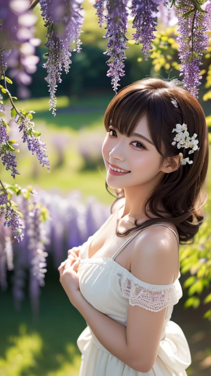 (highest quality, 8k, High resolution, masterpiece:1.5, ), beautiful japanese girl, Yangwo Witch, 18-year-old, perfect human anatomy, big magic eyes, Smile, shiny brown hair, beautiful side ponytail, asymmetrical bangs, smooth and soft skin, white sexy bridal dress, fine silk fabric, Detailed and perfect clavicle, skirt fluttering in the wind, High resolutionの美しい胸元, ((plump breasts)), High resolutionの美しい太もも, (Colorful petals dance across the screen:1.3), beautiful nemophila field, spring sunshine, blue sky, sparkling light effect, professional lighting, professional photographer, professional model