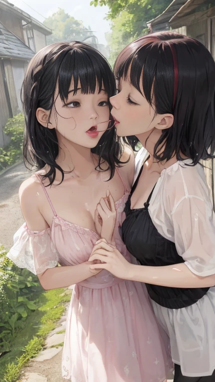 ( girl kissing、)Licking fingers、Black Hair、(See through)、(Old wooden house in the countryside)、(My body is soaked..5)、Long wavy hair and super short bob hair、Realistically、(Two 8歳のs hugging each other, ((Gross 5.5))(She is wearing a light red キャミソール.),,Accentuate your cleavage,Looking up from below,blush,moist pink lips,sexly,Own,Please open your mouth wide、Place your arms behind your head、