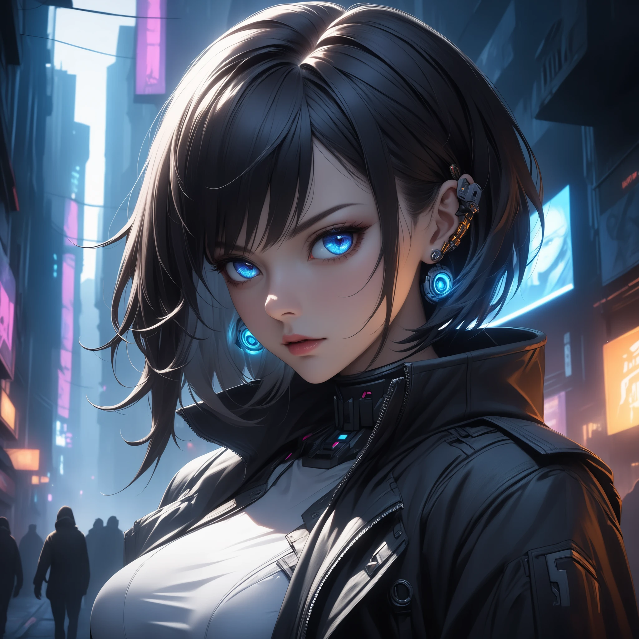 ((extreme quality)), ((Masterpiece)), ((Enrich the picture,Masterpiece level quality)), black hair, Mid-length Layers hair, medium breasts, blue eyes, fierce woman, ultra eyes details, RAW 4K, Realistically , ((great effect to highlight the subject)) , ( cinematic lighting, moody, textile shading), perfect proportions, ultra detailed, ultra background detailed, volumetric lighting, soft lighting, glossy skin, beautiful face, Special face details, strong emotions, elegant gesture, Detailed facial features, Long eyelashes, contrast, Incredible atmosphere, Fascinating setting, Haunting beauty , ear rings, cyberpunk theme, cyberpunk street, cyberpunk girl, cyberpunk gangster style, cyberpunk girl, cyborg head, street, jacket, gloves, stunning face, hips up,