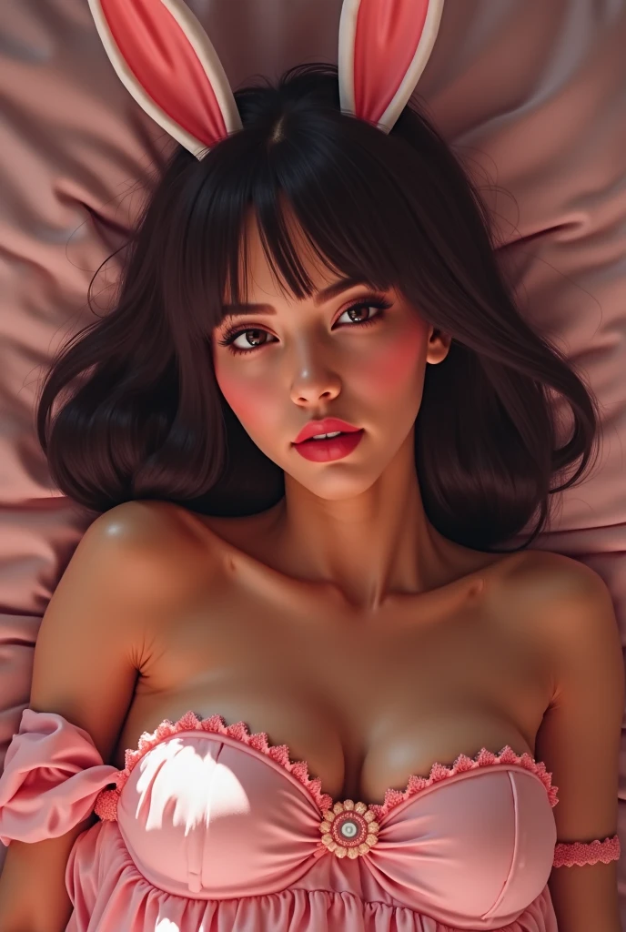 girl,long hair,black hair,bangs,ponytail,swollen lips,painted lips, thick lips,reveal cleavage, erotic, ,huge breasts,older sister,sweater,28 years old,shiny skin, lying on bed, head on pillow, facing up