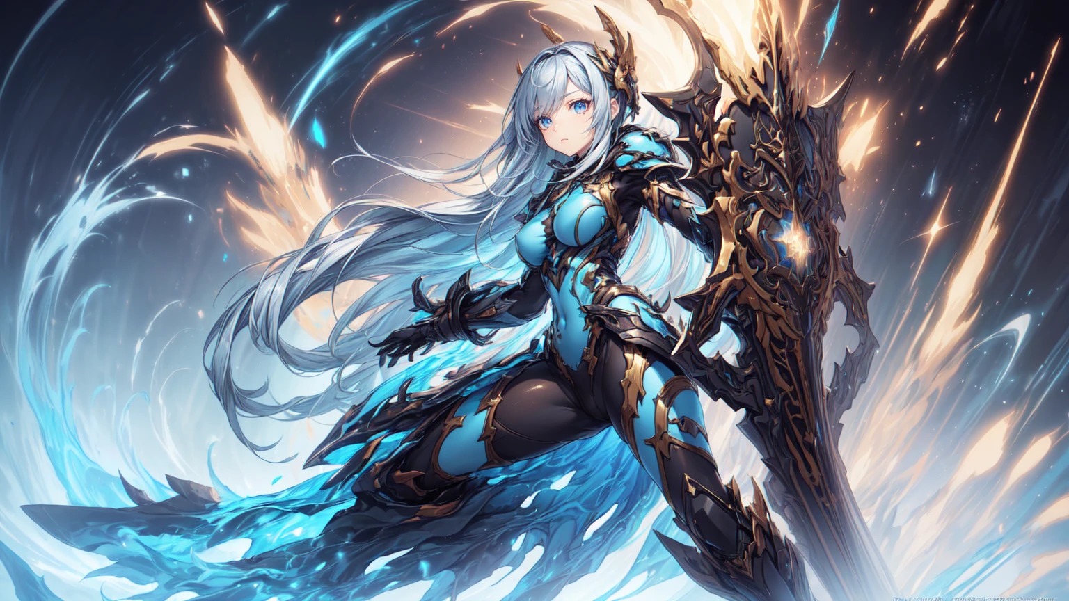 top-quality、Top image quality、masterpiece、girl with((Black Suit、glowing mechanic suit、18year old、teen ager、cute little、Best Bust、big bast,Beautiful shining purple eyes、Breasts wide open, white hair、Longhaire、A slender,Large valleys、belligerent movements,sharp claws、Crystal Sword、Crystal visor on the right eye、Bright wings、fighting poses、charge forward、splatters、Feeling of sprinting)),hiquality、Beautiful Art、Background with((Space Battlefield)))、,masutepiece、depth of fields,Cinematic style