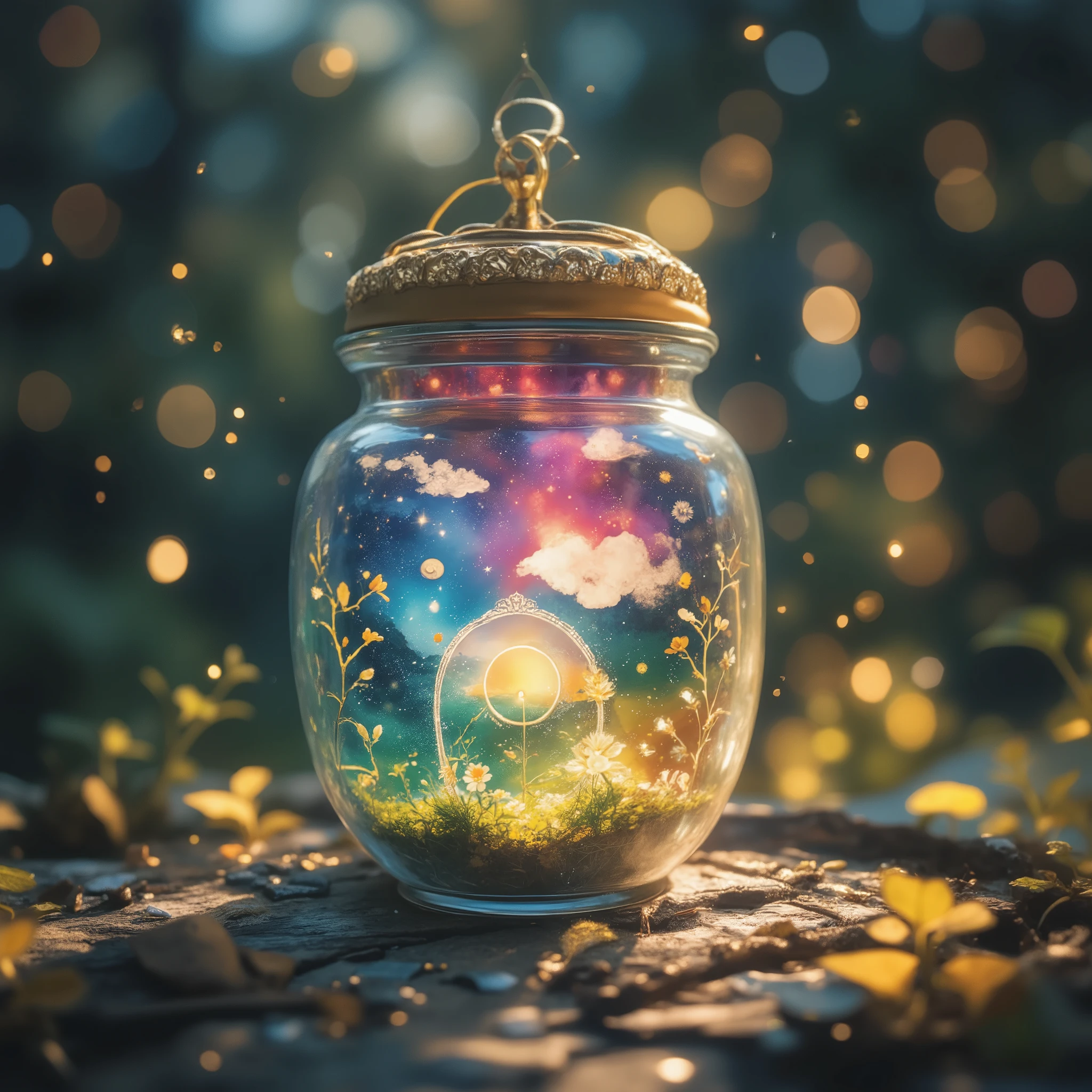 Glass Jar Closeup , The rainbow in the pot , , Colorful clouds, , glass reflection , Curved Surface Distorted , Background starry sky, contrast, depth, magic, Ethereal Light , super detailed, Dark background, is as beautiful as heaven, Macro Photography