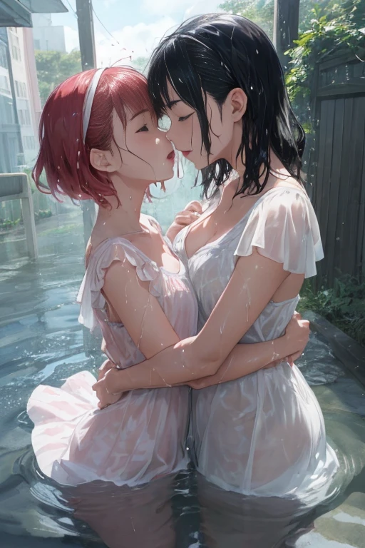 hyper quality, high resolution, intricate details, panorama, dutch angle, (2 little girls) wearing (white and black silk dress), silk texture dress, (white dress and black dress:1.23), ((very large dress), best silk texture, best Wrinkles on dress), (yuri, lesbian), (deep kiss, hug:1.25), full body, Beautiful eyes, (Partial submerse:1.1),Partial dress in water, (Water sprayed, water column:1.1) (wet, very wet dress, wet body, wet long hair, wet sleeve, wet silk dress, wet skin:1.1), (Transparent mucus wrapping, water drop), submerse in water, Poignant and beautiful, Smile in despair, smile in sadness, closed mouth, (beautiful and detailed water:1.1), (dark dungeon, dark and damp water dungeon, enclosed space:1.15), (Cement walls), dark light, light source, (atmosphere of despair:1.15), (Water mist), inspired by the flower house Yiding's manga painting, Pixiv competition winner, ukiyo-e, ukiyo-e art style, ukiyo-e style, Japanese art style, Japanese illustrator,