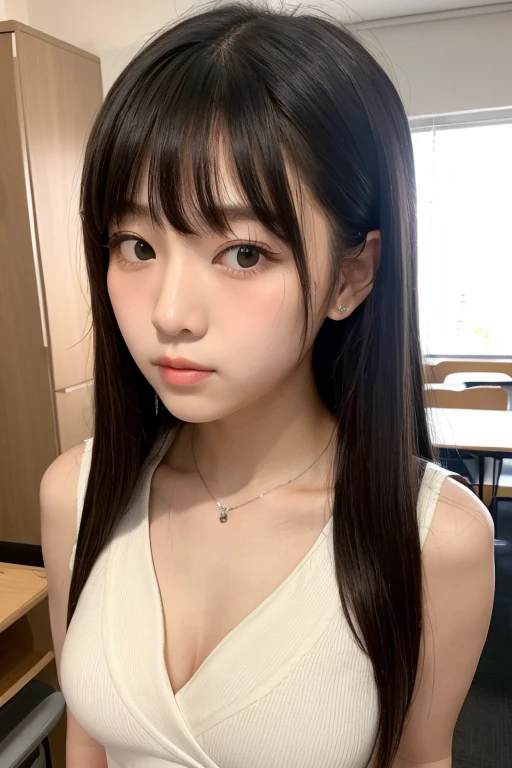 masterpiece, best quality,1girl, solo, black hair, realistic, long hair, black eyes, sweater, bare shoulders, bangs, couch, closed mouth, upper body, hime cut
