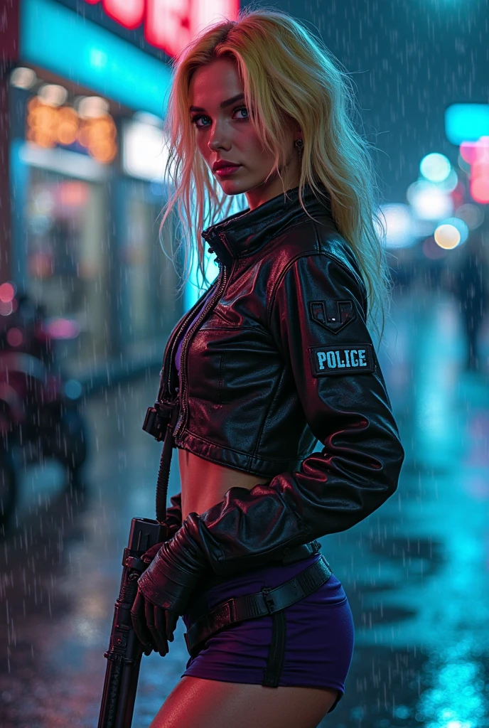 Design streetwear for the year 3025. 1 Female neon cyborb、Super beautiful、Facial beauty、blue eyes、Standing、 Police Uniform、mini skirt、Golden Hair、Night Street、Backlight、The wind is blowing、it's raining、He is looking intently at the barrel of the gun.、Thigh-up shot、pointing pistol. Cyber tailors taking orders online!