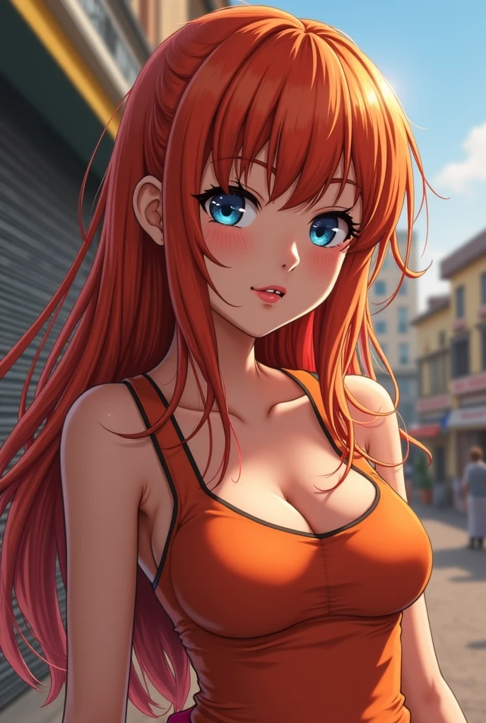 Beautiful mature woman, 1girl, orange hair, red eyes, extremely long hair, hair covering one eye, freckles on face, happy, smiling, blushing, thick lips, full lips, huge breasts, extreme cleavage, deep cleavage, very thin body, dark skin, loose tube top, strapless, sleeveless, bare arms, midriff, muscular abs, tiny jean shorts, perfect anatomy, city sidewalk background, detailed background, ultra-detailed, 4k, 8k, best quality, masterpiece