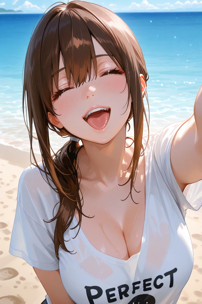 Kotegawayui, yui kotegawa, alone、Black Hair, (Brown eyes:1.5), Long Hair, break looking at viewer, break (Tabletop:1.2), Highest quality, High resolution, unity 8k wallpaper, (shape:0.8), (Beautiful attention to detail:1.6), Highly detailed face, Perfect lighting, Extremely detailed CG, (Perfect hands, Perfect Anatomy),Naughty big、Big ample breasts、(Beach:1.3)、naked、Laughing with your mouth open