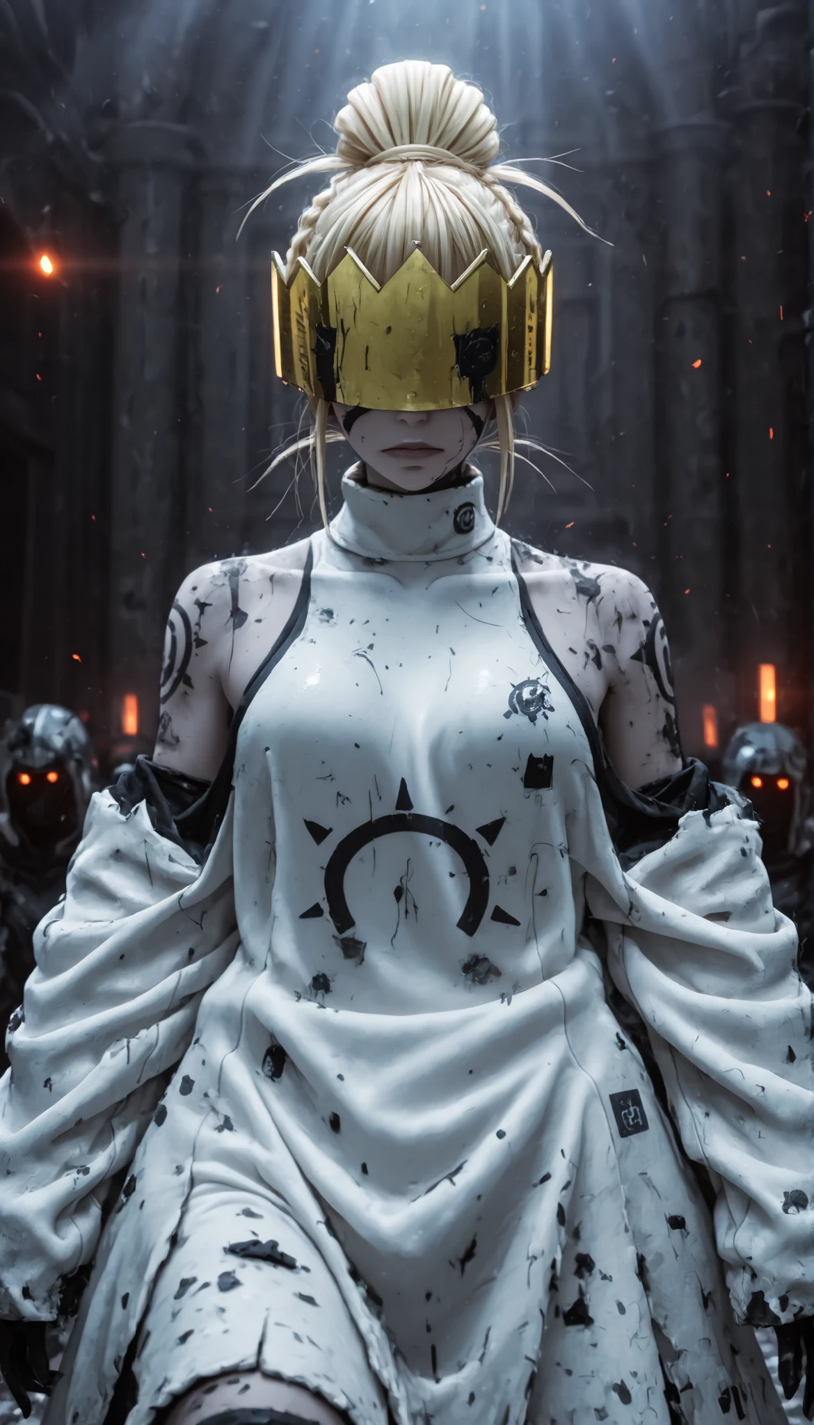 capa negra, crown over the eyes, Masterpiece, better quality, dynamic lighting, dramatic lighting, blond hair, Dirty