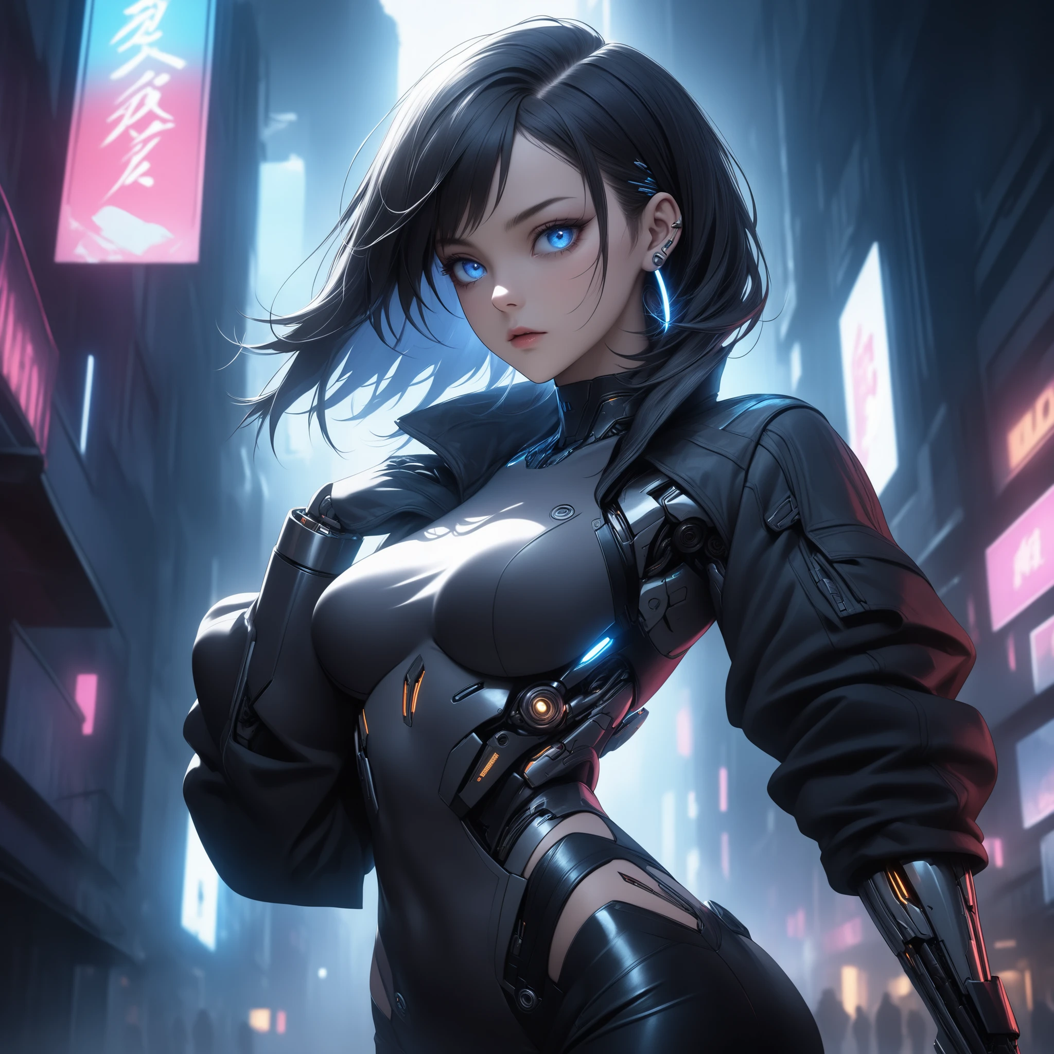 ((extreme quality)), ((Masterpiece)), ((Enrich the picture,Masterpiece level quality)), black hair, Mid-length Layers hair, medium breasts, blue eyes, fierce woman, ultra eyes details, RAW 4K, Realistically , ((great effect to highlight the subject)) , ( cinematic lighting, moody, textile shading), perfect proportions, ultra detailed, ultra background detailed, volumetric lighting, soft lighting, glossy skin, beautiful face, Special face details, strong emotions, elegant gesture, Detailed facial features, Long eyelashes, contrast, Incredible atmosphere, Fascinating setting, Haunting beauty , ear rings, cyberpunk theme, massive cyberpunk street, cyborg girl, cyborg gangster style, cyborg face, street, jacket, gloves, stunning face, hips up,
