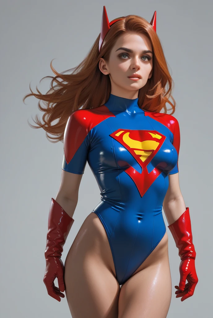 (best quality,ultra-detailed),(realistic:1.37),woman,long red hair,beautiful detailed eyes,beautiful detailed lips,extremely detailed face,long eyelashes,superhero,nylon shiny bodystocking,red spandex leotard,open at level of breast,confident pose,vibrant colors,bright lighting