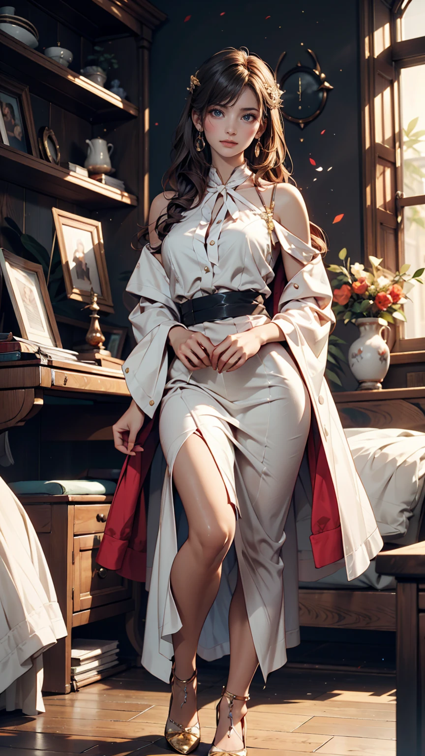 Girl just woke up, He's only wearing a shirt, with a well-defined bust, medium breasts, He's only wearing one pair of underwear, wide hips short hair, sexy, highest quality image, big thick thighs