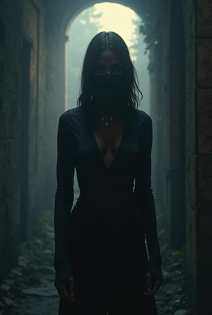 (An Indian woman of 45 age, in a black saree, high heels, black gloves with sharp cat like claws, wearing a cat mask which covers her glowing green cat eyes with a cowl, ready to unleash her wrath upon her prey with a signature meow pose
