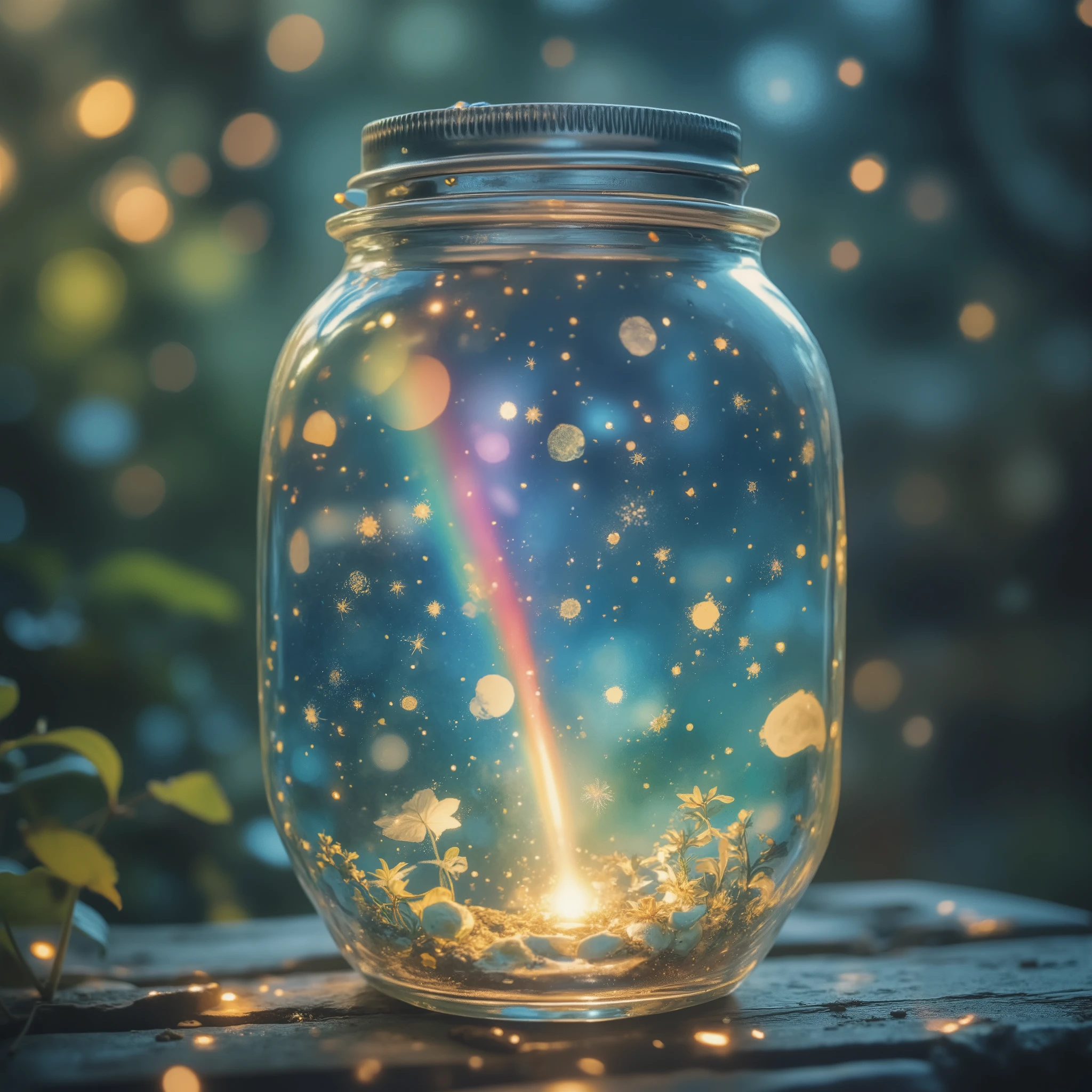 Glass Jar Closeup , The rainbow in the pot , , Colorful clouds, , glass reflection , Curved Surface Distorted , Background starry sky, contrast, depth, magic, Ethereal Light , super detailed, Dark background, is as beautiful as heaven, Macro Photography