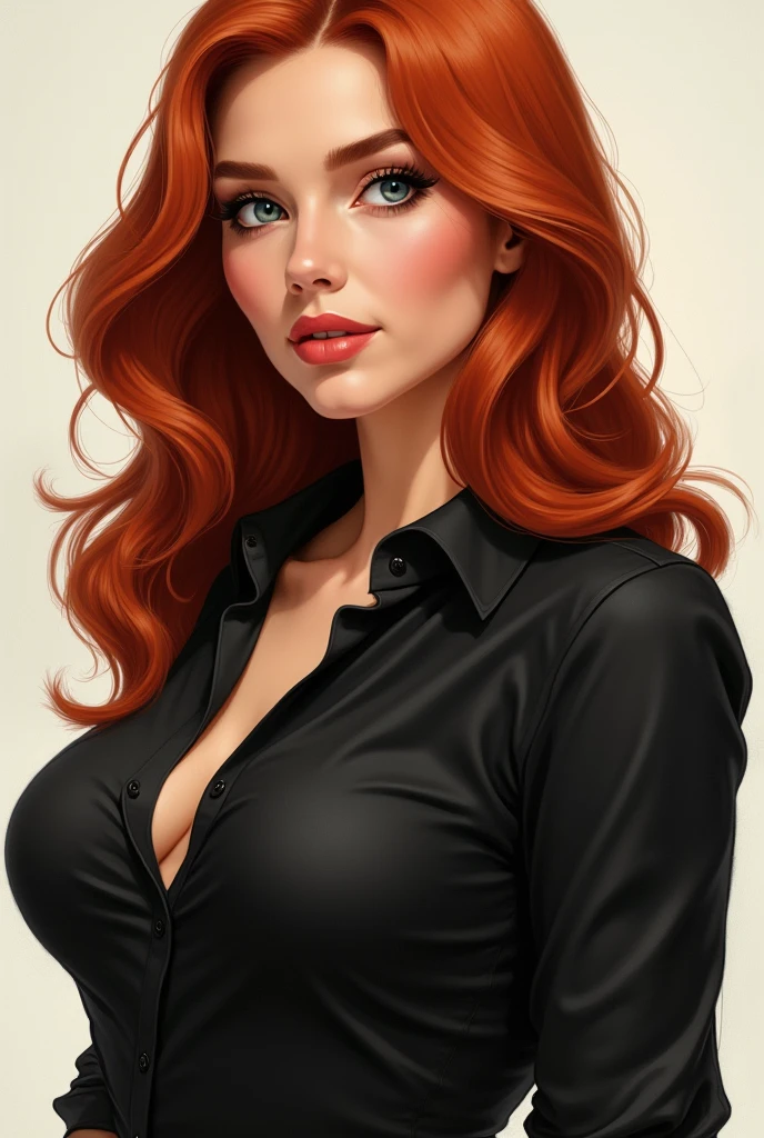 Frau (Eva Mendes) with red hair posing in white shirt, Hemd hat sehr tiefen Ausschnitt, Woman has a seductive demanding facial expression, Sultry Digital Color Photography, redhead girl, rothaarige Frau, Beautiful red-haired woman, red-haired goddess, dressed in a white shirt, Sie ist rothaarig, Rothaarige, Beautiful, Sexy girl