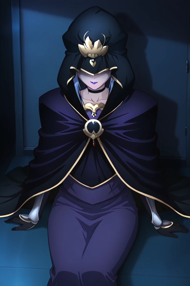 a thicc curvy shadow wizard wearing a purple robe and has nice thick thighs, female, sexy, fit, skinny, sitting on a throne